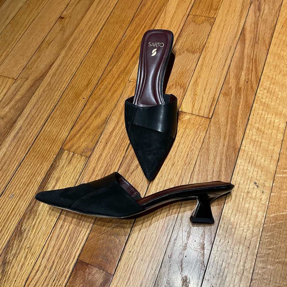 👹Franco Sarto Dune Leather Kitten SlipOn Sandals Pointy Low Heel coastal pumps 8